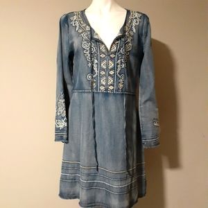 Monoreno Sz L Chambray Denim Embroidered Tunic Dress Shift A Line Blue